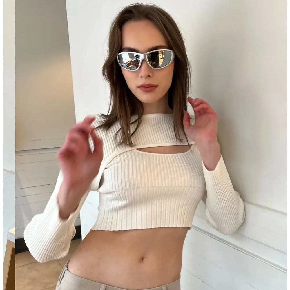 White Ribbed Layered Long Sleeve & Tank Top - Picture 4 of 5